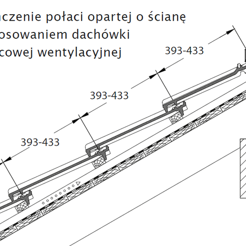 Rysunek techniczny - Wykończenie połaci opartej o ścianę z zastosowaniem dachówki kalenicowej wentylacyjnej